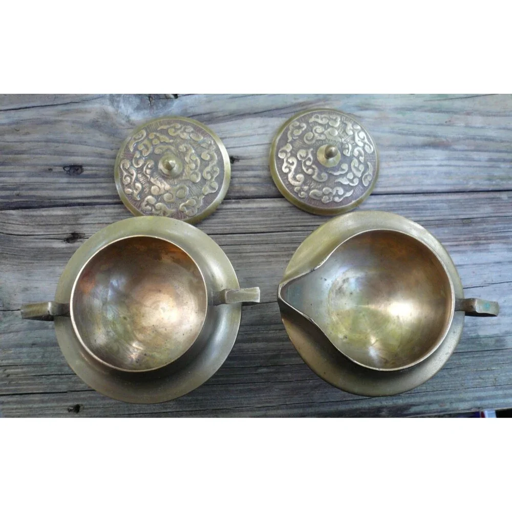 Vintage Oriental Brass 3 Piece Dragon Tea Set Teapot Creamer Sugar Bowl